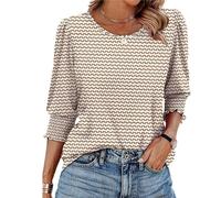 Women Dressy Casual 3/4 Length Sleeve Womens Tops with Smocked Cuffs, Vintage Floral Printed Smocked Cuffs Blouses Casual Loose Fit Tunic Tops (F,L)