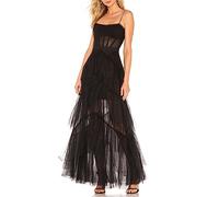 Women Elegant Lace Tulle Dress Layered Ruffle Hem See Through Sleeveless Flowy A Line Long Party Dress Streetwear (Black, S)