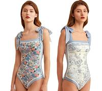 Women Floral One Piece Swimsuits, Reversible Tie Shoulder Monokini,Slimming Tummy Control Bathing Suits Square Neck Swimwear (Blue, M)