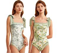 Women Floral One Piece Swimsuits, Reversible Tie Shoulder Monokini,Slimming Tummy Control Bathing Suits Square Neck Swimwear (Green, S)
