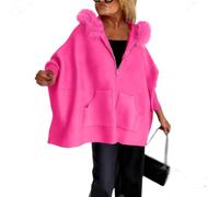 Women Fur Collar Solid Color Casual Jacket,Loose Fit Hooded Cardigan with Fur Collar,Solid color knitted cardigan with large fur collar,Plush Fleece Lining Soft Fabric (Pink,XXL)