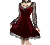 Women Gothic Lolita Dress Steampunk Grunge Velvet Cocktail Party Halloween Dress Lace Mesh Long Sleeve Punk Prom Dress (A-Red, L)
