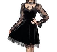 Women Gothic Lolita Dress Steampunk Grunge Velvet Cocktail Party Halloween Dress Lace Mesh Long Sleeve Punk Prom Dress (A-Black, S)