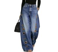 Women High Waisted Wide Leg Jeans, Vintage Denim Pants with Metal Eyelets, Loose Fit Streetwear Trousers for Casual Edgy Style(Blue,M)