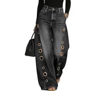 Women High Waisted Wide Leg Jeans, Vintage Denim Pants with Metal Eyelets, Loose Fit Streetwear Trousers for Casual Edgy Style(Black,M)