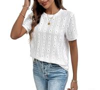 Women Hollow Jacquard Short Sleeve Top Elastic(White S) | Unique hollow jacquard pattern, elegant style, round neck design, short sleeves, regular fit length