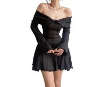 Women Knitting Dresses Long Sleeve Off Shoulder Solid Color Casual Party Spring Summer Dress Club Street Style-Black,S