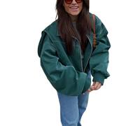 Women Leather Jacket Lightweight Casual Solid Color Zipper Front Long Sleeves Autumn Cardigan For Outwear Streetwear (Green, L)