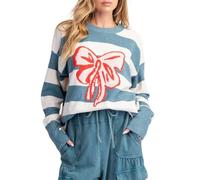 Women Loose Knit Sweater Letter/Lobster/Bowknot Pattern Long Sleeve Round Neck Loose Jumper Ribbed Coquette Clothes (red Bow, M)