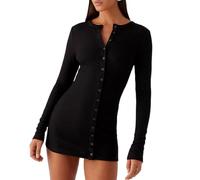 Women Ribbed Knit Mini Boydcon Dress Long Sleeve Crew Neck Solid Color Button Down Dress Going Out Rib Knit Dress (Black, S)