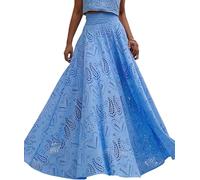 Women 's Hollow Out Öse Maxi Boho Rock zurück Smocked Taille Spitze Floral Flowy Langen Rock mit Taschen (Blau,S)