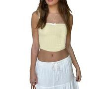 Women’s Lace Patchwork Crop Cami Y2K Going Out Crop Top Sleeveless Square Neck Tank Tops Solid Cute Lace Vests (Yellow, S)