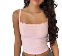 Women’s Lace Patchwork Crop Cami Y2K Going Out Crop Top Sleeveless Square Neck Tank Tops Solid Cute Lace Vests (Pink, M)