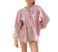 Women’s Tie Front Tops Long Sleeve Round Neck Loose Fit Babydoll Shirts Spring Fall Women Peplum Blouse (Pink, XL)