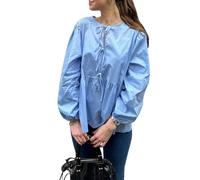 Women’s Tie Front Tops Long Sleeve Round Neck Loose Fit Babydoll Shirts Spring Fall Women Peplum Blouse (Blue, XL)