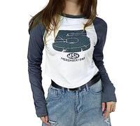 Women’s Vintage Graphic Print Long Sleeve Crop Top Button Closure Cropped Tops 90s E-Girl T-Shirts Grunge Clothes (Q02-Marineblau, S)