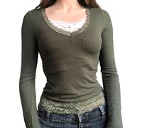 Women 's Vintage Graphic Print Long Sleeve Crop Top Button Closure Cropped Tops 90s E-Girl T-Shirts Grunge Clothes (Q04-Green, S)