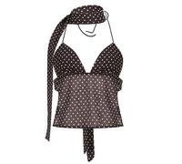 Women Sexy Strapless Halter Tube Top with Scarf Sleeveless Tie Backless Dots Print Slim Fit Cami Tops Summer Shirts (Coffee, S)