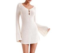 Women Short Knit Dress Long Sleeve V Neck Backless Hollowed Solid Sheer Mini Dress Swimsuit Crochet Swim Cover Up (White, L)