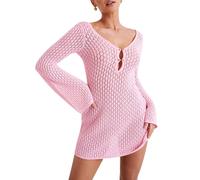 Women Short Knit Dress Long Sleeve V Neck Backless Hollowed Solid Sheer Mini Dress Swimsuit Crochet Swim Cover Up (Pink, M)