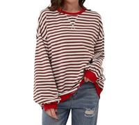 Women Striped Color Block Oversized Sweatshirt Crew Neck Long Sleeve Shirt Pullover Top Casual Loose fit Sweater (red White,M)