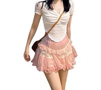 Women Summer Pink Mini Skirt Cute High Waist Lace Patchwork Ruffle Hem A-Line Pleated Mini Skirt Y2k for Beach (Pink, S)