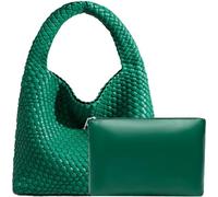 Women Vegan Leather Hand-Woven Tote Handbag Fashion Shoulder Top-handle Bag All-Match Underarm Bag with Purse (Green)
