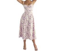 Women Y2k Square Neck Floral Long Dress Low Cut,Square Neck Dresses with Slits Corset Midi Dresses,Bustier Sundress Corset Back,Sleeveless Bustier Midi Dress Going Out Spaghetti Strap Sundress