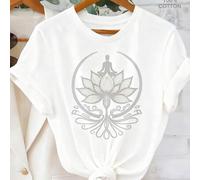 Women's 100% Cotton Graphic Tee, 180g Round Neck Short Sleeve T-Shirt With Elegant Lotus Meditation Print Design, Casual Yoga Spiritual Apparel