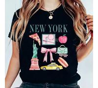 Women's black 180g cotton crew neck short-sleeved T-shirt. Featuring a print of iconic New York symbols. Casual summer urban style tee featuring the S