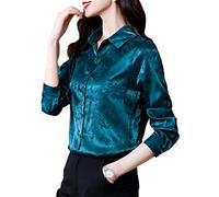 Women's Blouses Long-Sleeve Top Jacquard Satin Women Shirt Solid Button Print Blouse Elegant Shirts Dark Green L