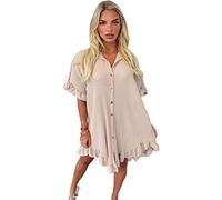 Womens Button Pleated Short Sleeve Mini Collared Dress with Frill Hem Open Stretchy Beach Outwear for Casual Walks Loose Fit Oversized Baggy Plus Size Swing Smock Summer Dresses Stone 48
