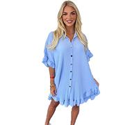 Womens Button Pleated Short Sleeve Mini Collared Dress with Frill Hem Open Stretchy Beach Outwear for Casual Walks Loose Fit Oversized Baggy Plus Size Swing Smock Summer Dresses Sky Blue 38