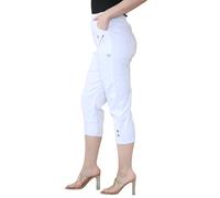 Women's Capri Trousers Stretch Fit Elasticated Waist Summer Short Pants Ladies Cherry Berry Plain Cropped 3/4 Length Trouser White 44