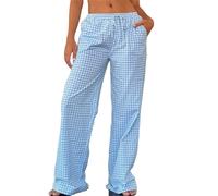 Womens Casual Plaid Baggy Wide Leg Pants Drawstring Elastic Waist Plaid Print/Solid Color Pants Lounge Trousers (Sky Blue, L)