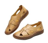 Women's Casual Slip On Loafers Comfort Closed Toe Hand-Stitching Woven Cutout Leather Oxford Softsole Walking Sandals Summer Comfortable Soft Sole Non-Slip Slip On Loafer (Yellow,35)