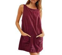 Women's Corduroy Overall Skirt Dress,Sleeveless Round Neck A Line Skirtall Jumper,Mini Dress Pinafore with Pockets (burgundy,M)