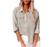 Womens Cotton Linen Button Down Shirt 2024 Casual Long Sleeve Solid Color Shirt Loose Work Tops mit Taschen