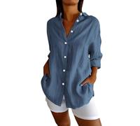 Womens Cotton Linen Button Down Shirt 2024 Casual Long Sleeve Solid Color Shirt Loose Work Tops mit Taschen