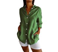 Womens Cotton Linen Button Down Shirt 2024 Casual Long Sleeve Solid Color Shirt Loose Work Tops mit Taschen
