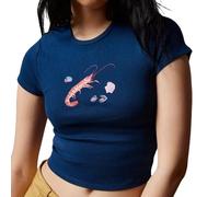 Womens E-Girls Short Sleeve T-Shirt Crop Tops Bow Print Short Sleeve Tops Aesthetic Grunge Clothes Fairy Tee Tops (W1- Navy Blue, XL)