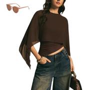 Women's Elegant Chiffon Cape Sleeve Top,Sheer Mesh Asymmetrical Batwing Sleeve Shirts,Trendy Summer Dressy Blouse Shawl