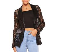 Women's Fashion Blazer Floral Lace Mesh Single Button Lapel Long Sleeve Elegant Jacket Blazer Lace Jacket for Women (Black, XL)