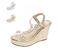 Women's Fashion Rhinestone Platform Wedge Orthopedic Sandals,Round Open Toe Elastic Ankle Strap Sandal, Summer Rhinestone Flowers Walking Shoes for Wedding, Vacation, Beach (Gold Color,40)