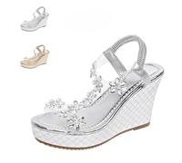 Women's Fashion Rhinestone Platform Wedge Orthopedic Sandals,Round Open Toe Elastic Ankle Strap Sandal, Summer Rhinestone Flowers Walking Shoes for Wedding, Vacation, Beach (Silver Color,41)