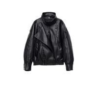 Women's Fashion Workwear Style Jacket - Casual Long Sleeve Stand Collar Faux Leather Utility Jacket(L)