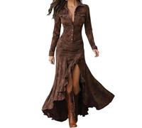 Women's Faux Suede Western Fishtail Dress Vintage V-Neck Slit Front Button Down Long Sleeve Bodycon Maxi A-Line Dresses (Coffee,L)