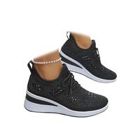Women's Glittery Rhinestone Fashion Breathable Wedge Sneakers, Sparkly Platform Trainers Lightweight Comfy Slip On Walking Shoes (Black,36EU)