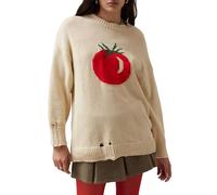 Womens Knitted Tomato Print Sweaters Hollow Hole Long Sleeve Round Neck Ribbed Loose Knit Top Drop Shoulder Jumper (Khaki, L)