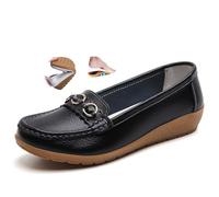 Women's Leather Classic Wedge Moccasins, Orthopedic Loafers Slip-On Wide Fit Leather Loafers Hollow Walking Driving Nursing Shoes (Black,38EU)